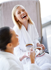 Image showing Laughing, talking and friends drinking tea at spa before luxury, beauty and self care treatment. Happy, funny and women bonding, in conversation and enjoying warm beverage together at wellness salon.