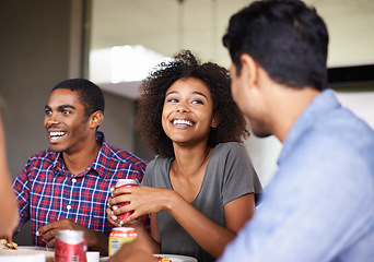 Image showing Happy woman, drinks or friends eating in restaurant on holiday vacation bonding or laughing together. Smile, diversity or funny people relaxing with sodas at lunch gathering or party with fast food