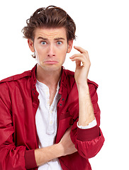 Image showing Confused, stress and man portrait in a studio with fear, anxiety and worried. Isolated, white background and male model face sad and fail expression with modern fashion feeling disappointed