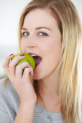 Image showing Health, apple and portrait of woman with fruit for healthy eating, meal and vegan snack at home. Food, nutrition and happy female person bite apples for diet, wellness and detox on white background