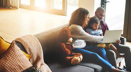 Image showing Mom, dad and kid with laptop on sofa for website, internet and subscription for educational media in family home. Parents, child and watching movie on computer for online streaming, elearning and fun