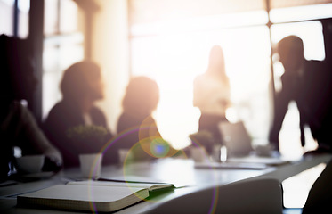 Image showing Meeting, brainstorming and business team in the office planning a corporate project in collaboration. Teamwork, discussion and blur of group of employees working together in the workplace boardroom.