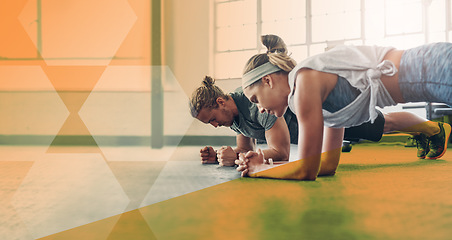 Image showing Overlay, plank and couple at the gym for fitness, exercise and health together in marriage. Focus, sports and a man and woman planking for workout, training and balance performance for strength