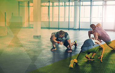 Image showing Overlay, stretching and people at the gym for fitness, workout and training as a group. Morning, start and friends ready in a class for exercise, sports and a warm up for performance in cardio