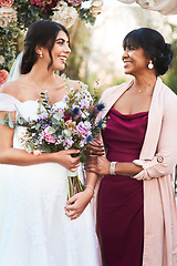 Image showing Bride, mother and wedding day with happiness and family bonding at celebration marriage. Happy, smile and mom with daughter together at love and commitment event outdoor with flower bouquet and mama