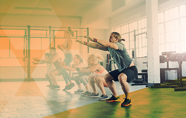 Image showing Fitness, group and people squat at gym for exercise, workout and training. Athlete men and women together for strong muscle, commitment or power challenge at health club or class with mockup overlay