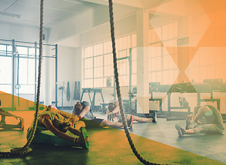 Image showing Fitness, stretching and a group of people at gym for exercise, workout and training goals. Athlete men and women team together for challenge, motivation or strong muscle warm up at club with overlay