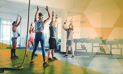 Image showing Fitness, hands up and group of people exercise, workout and training in gym class. Athlete men and women together for power challenge, commitment and stretching at a club with a mockup overlay