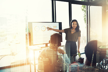 Image showing Business woman, coaching and presentation in double exposure for meeting, teamwork or workshop at office. Female coach or mentor training staff on screen, graph or chart data with city overlay