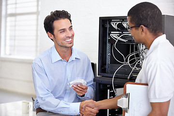 Image showing Server room, it support and handshake with an engineer talking to a business man about cyber security. Network, database and contract agreement with a technician chatting about information technology