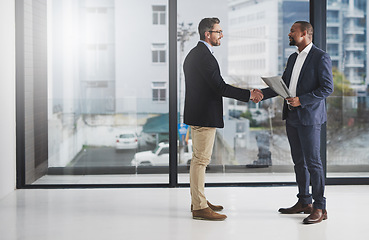 Image showing Business men, hand shake and welcome for partnership, agreement and team building with diversity. Businessman, partner and shaking hands with respect, hr onboarding or b2b collaboration for teamwork