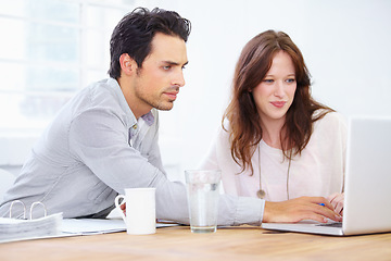 Image showing Laptop, collaboration and business people with teamwork, planning and online support in office meeting. Woman, man or partner feedback, editing or working on computer with project management software