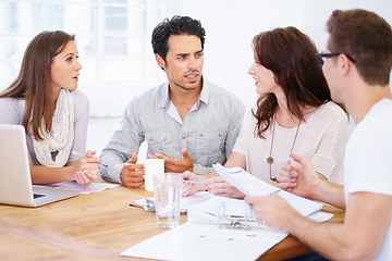 Image showing Meeting, talking and discussion of business people with teamwork, documents and seminar collaboration, advice or ideas. Paperwork, planning and brainstorming of speaker or group listening to feedback