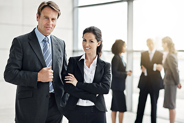 Image showing Portrait, business and employees in a lobby, collaboration and teamwork at the workplace. Face, man and woman with confidence, happiness and coworkers with partnership, staff and startup success