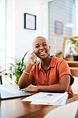 Image showing Phone call, happy and business black woman in office for contact, connection and networking. Corporate, communication and female worker laughing on smartphone for conversation, discussion and chat