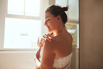 Image showing Skincare, body cream and woman in bathroom for wellness, moisturizer and apply lotion for healthy skin. Beauty, self care and female person for grooming, shower and cosmetics for hygiene at home