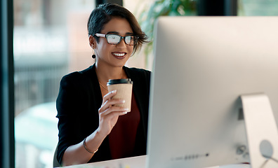 Image showing Business woman, coffee and computer in office planning, reading report and editing for online and creative project. Inspiration, happy ideas and professional worker or person with drink on desktop pc