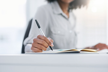 Image showing Pen, hand and writing in notebook or planning, working and office or journal, book or notes, record or research. Person, write and closeup on work, schedule or professional reminder and paper