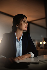 Image showing Thinking, overtime and woman in modern office reading email or report online at legal agency. Corporate night work, ideas and internet research, female lawyer and working late on proposal at law firm