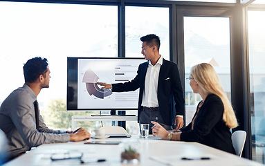 Image showing Presentation, meeting and finance with a business man talking to his team in the office boardroom. Training, workshop and education with an asian coach teaching staff using a graph display at work