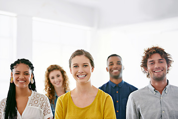 Image showing Business, group and staff with a smile, portrait and teamwork with partnership, collaboration and diversity. Face, female leader and happy employees with management, skills and multiracial people