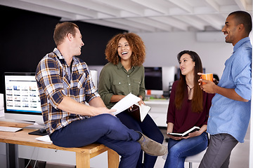 Image showing Team laughing, meeting and documents in office for planning, strategy and happiness with support. Group, business people and comic conversation with men, women and diversity for friends at startup