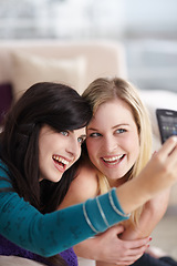 Image showing Selfie, friends and happy women with smile for social media, memories and post on website for update. Communication, technology and female people with mobile phone for picture, photo and bonding