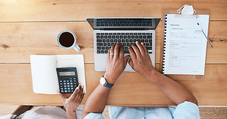 Image showing Laptop, calculator and senior couple hands for pension fund, asset management or budget in financial planning. Elderly people typing on computer, paperwork or documents in retirement or finance above