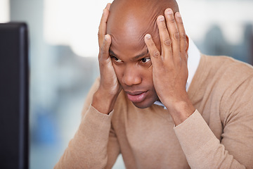 Image showing Business, stress and black man with a headache, burnout and overworked with a deadline, frustration and mistake. Male person, tired employee and consultant with a migraine, problem and health issue