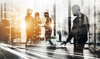 Image showing Silhouette, city and double exposure with business people in office for corporate, staff and teamwork. Innovation, future and global with employee in company for workforce, development and abstract