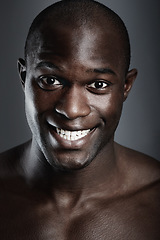 Image showing Happiness, beauty and portrait of black man on dark background with smile, dental care and cosmetics. Health, wellness and happy African male model isolated on studio backdrop with healthy teeth.