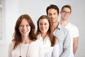 Image showing Portrait, group and business people in a row with leadership in office workplace together. Smile, friends and employees standing in line or queue with teamwork, collaboration or solidarity in company