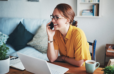 Image showing Remote work, phone and woman employee on a call happy about conversation on a cellphone in her home or house. Laptop, freelancer and happy female communication worker working in her apartment