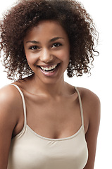 Image showing Beauty, happy and portrait of African woman on white background with makeup, glowing skin and glamour. Skincare, spa mockup and face of beautiful female model smile in studio with natural cosmetics