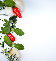 Image showing Cooking, spices and ingredients with food and mockup in studio with green herbs and vegetables. Healthy diet, nutrition and white background with vegan and garlic and template space for recipe