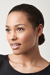 Image showing Happy woman, face and makeup in natural beauty, cosmetics or skincare against a white studio background. Isolated young and attractive female person or model looking away with facial treatment