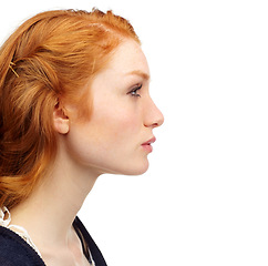 Image showing Woman, face profile and ginger hair with thinking and natural beauty in a studio. White background, young person and female model with cosmetics and confidence with makeup and skin glow and mockup