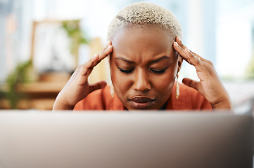 Image showing Headache, stress and business black woman with laptop for error, mistake and network problem. Corporate office, technology and female worker with burnout, frustrated and migraine with computer issue