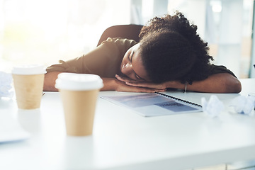 Image showing Nap, sleeping and business woman in office with fatigue, tired and exhausted from working. Burnout, overworked and African female worker overwhelmed with stress for deadline, workload and pressure