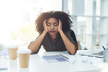 Image showing Stress, burnout and tired business woman in office with fatigue, overworked and exhausted from working. Anxiety, headache and African female worker overwhelmed for deadline, workload and pressure