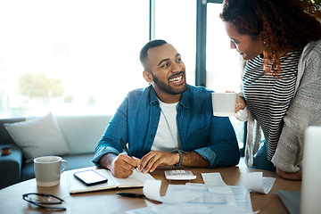 Image showing Couple talk about budget, finance and bills with paperwork of financial information, happy with savings and income. Mortgage, insurance and taxes, man and woman laugh together with home bookkeeping