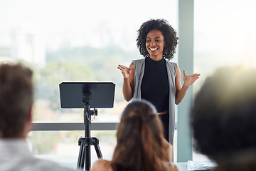 Image showing Corporate, businesswoman with presentation and in business meeting in conference room at work. Presenter, happy female speaker and black woman at seminar or workshop speaking with businesspeople