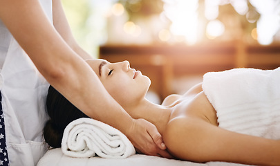 Image showing Healing, beauty and massage with woman in spa for wellness, luxury and cosmetics treatment. Skincare, peace and zen with female customer and hands of therapist for physical therapy, salon and detox