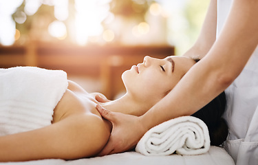 Image showing Skincare, beauty and massage with woman in spa for wellness, luxury and cosmetics treatment. Relax, peace and zen with female customer and hands of therapist for physical therapy, salon and detox