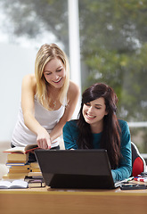 Image showing Creative, team and business women on a laptop in office for planning, teamwork and strategy. Coaching, mentor and happy female colleagues online for feedback, review and advice for proposal plan