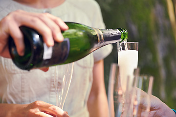 Image showing Hand, pour champagne and glasses for group of friends for celebration, toast and party in park, garden or nature. Bottle, sparkling wine and glass to celebrate for team of people, birthday or event