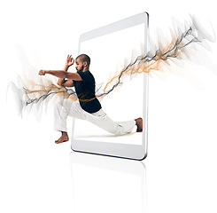 Image showing Karate, technology and man with fitness, routine and model isolated against a white studio background. Male person, athlete and guy with smartphone, mobile app and training for wellness and health