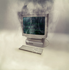 Image showing Smoke, computer problem and monitor with desktop and error screen with explosion. Isolated, white background and technology fail from pc virus, old cyber malware burnout and tech system glitch