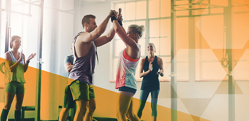 Image showing Fitness, group and high five to celebrate success for exercise, workout or training goal or win. Men and women happy applause for sport challenge, motivation or achievement at gym with mockup overlay