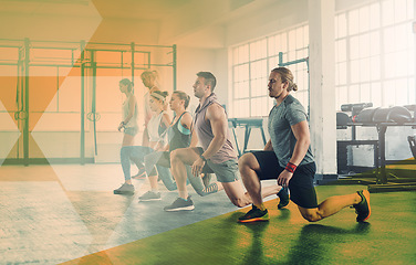 Image showing People, fitness and gym for lunge exercise, workout and training in class. Athlete men and women team together for power challenge, strong muscle or body at health and wellness club with overlay